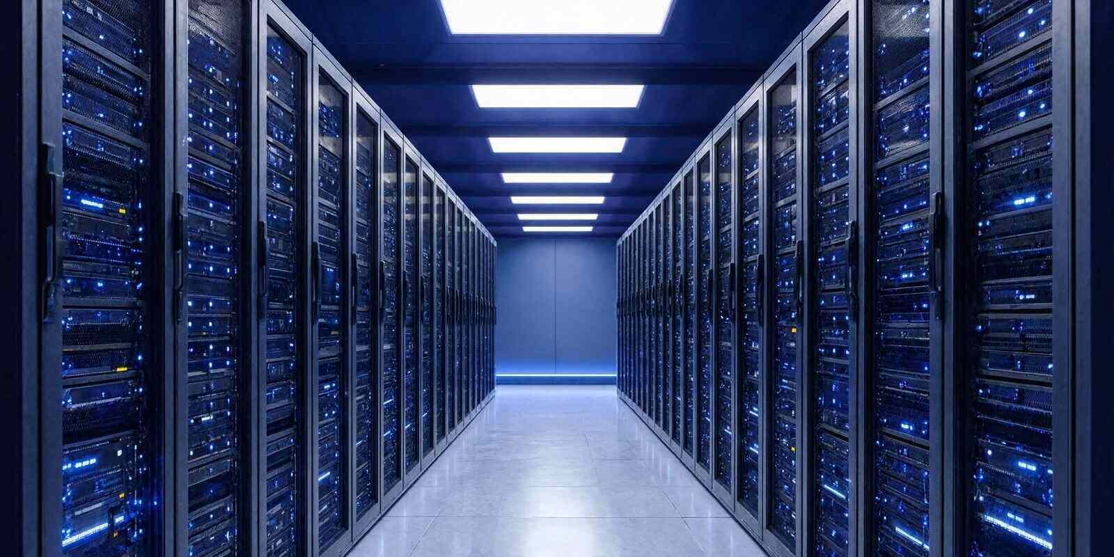 long modern data center corridor full of towering server racks glowing with active blue lights representing digital information and cloud technology infrastructure