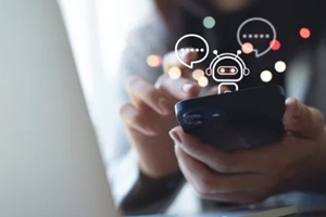 woman chatting with chatbot customer service on mobile phone via internet mobile app