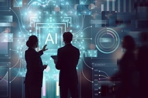 business professionals analyzing AI technology data visualization